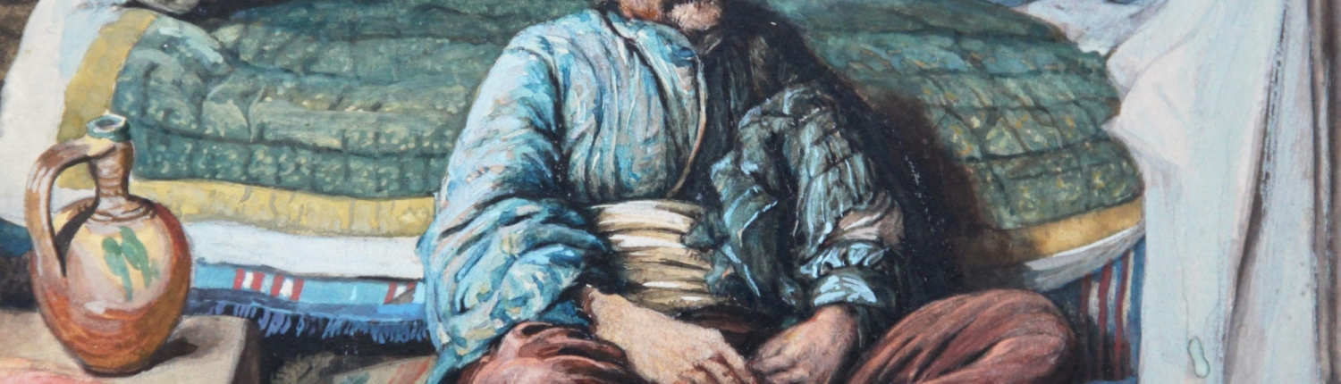 Mazedonier in Tracht in einer Hütte gemalt von Willi Pietz als Teilnehmer des Deutschen Alpenkorps
